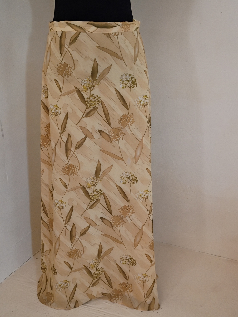 Vintage Pale Yellow Silk Floral Maxi Skirt for Women